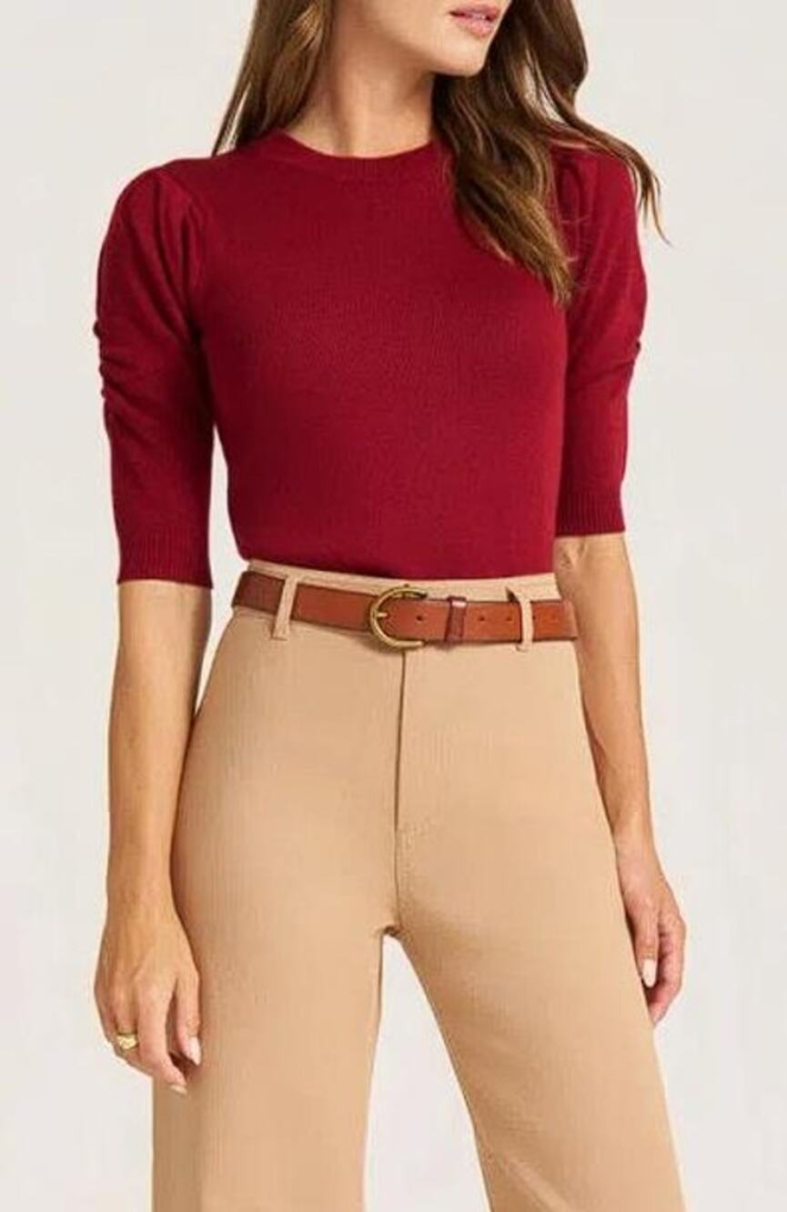MATTY M. Women's Everly Rib Short Sleeve Sweater Size M In Red